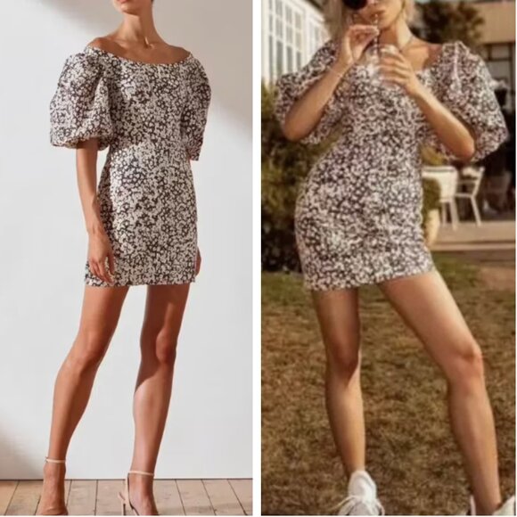 NWT Shona Joy Dahlia OTS Fitted Mini Dress Floral Size8 Brown Cocktail Linen - Picture 1 of 12